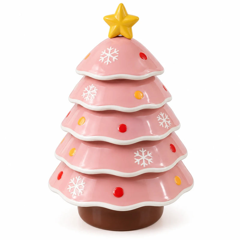 Pink ceramic Christmas tree serving bowl set stacked with a yellow star on top